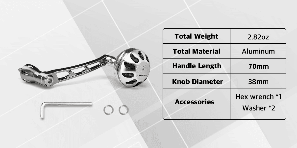 Gomexus LMY-A38 | Shimano Spinning Reel Handle Upgrade (70mm/38mm) 1 Gomexus LMY-A38 CNC aluminum shimano spinning reel handle with 70mm arm 38mm knob specification chart